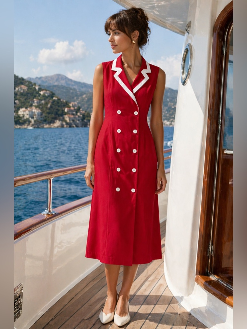 METROSTYLE Retro Nautical Sleeveless Red Double Breasted Midi Dress White Trim